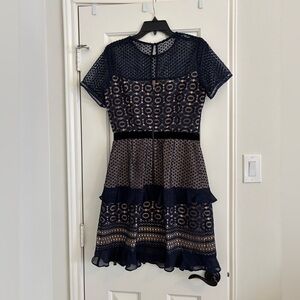 Chelsea28 Navy and Beige Patterned Mini Dress